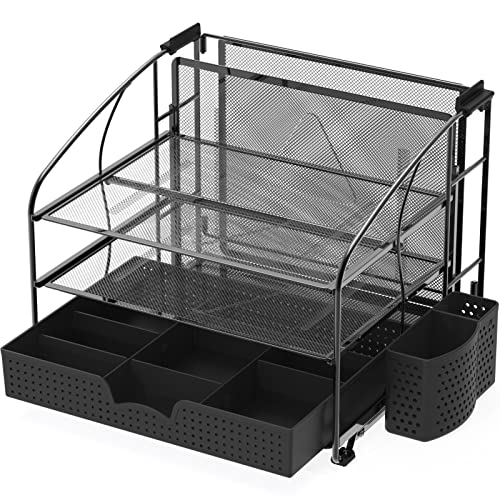 SimpleHouseware Organizador de mesa com 3 bandejas e gaveta para pendurar e gaveta, preto