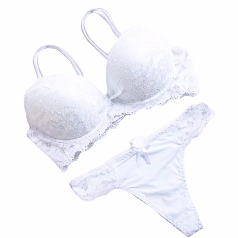 GANGCHENG Ladies Lace Lingerie Plunge Padded Underwire Bra Underwear Panties Set 38B White