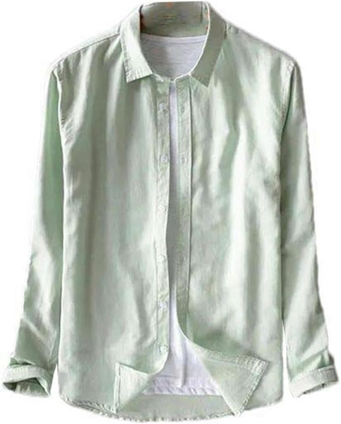 Linen Solid Color Long Sleeve Square Collar Cotton Shirt Men's Lightweight Breathable Lapel Cardigan Spring Outdoor