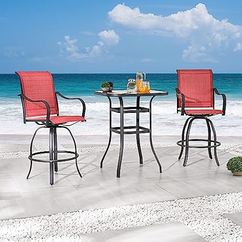 Festival Depot 3 Pcs Patio Bistro Set 360° Swivel Chairs with Bar Height Table with Tempered Glass Top Outdoor Furniture for Deck (Red) Cover