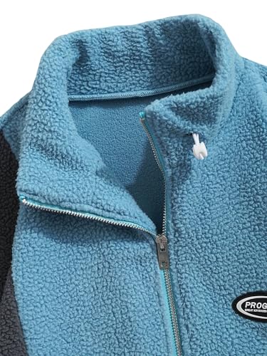 ZAFUL Men's Casual Colorblock Fleece Fluffy Zip Up Stand Collar Pocket Toggle Drawstring Applique Design Jacket3