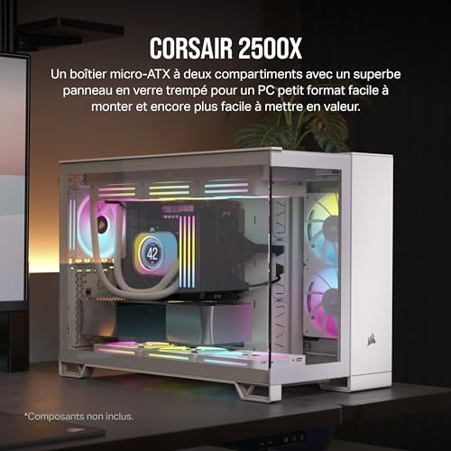 CORSAIR 2500X Boîtier Petit Tour mATX à Double Chambre – Verre Trempé Panoramique - Connexion Inversée Compatible Avec la Carte Mère – Pas de Ventilateurs Inclus – Blanc