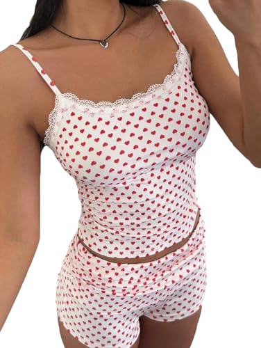 Himllauen Pjama Set für Damen Zweiteiler Herzdruck Lounge Set Slim Fit Y2k Oberteil + Shorts Set Sommer Sexy Schlafanzug Frauen (A Rot M)