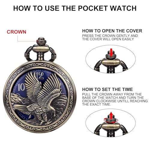 Image of SIBOSUN Eagle Design Pocket Watch with Chain Oversized 50MM 1.96 Inch Quartz Movement Arabic Numerals Half Hunter Cover Analog