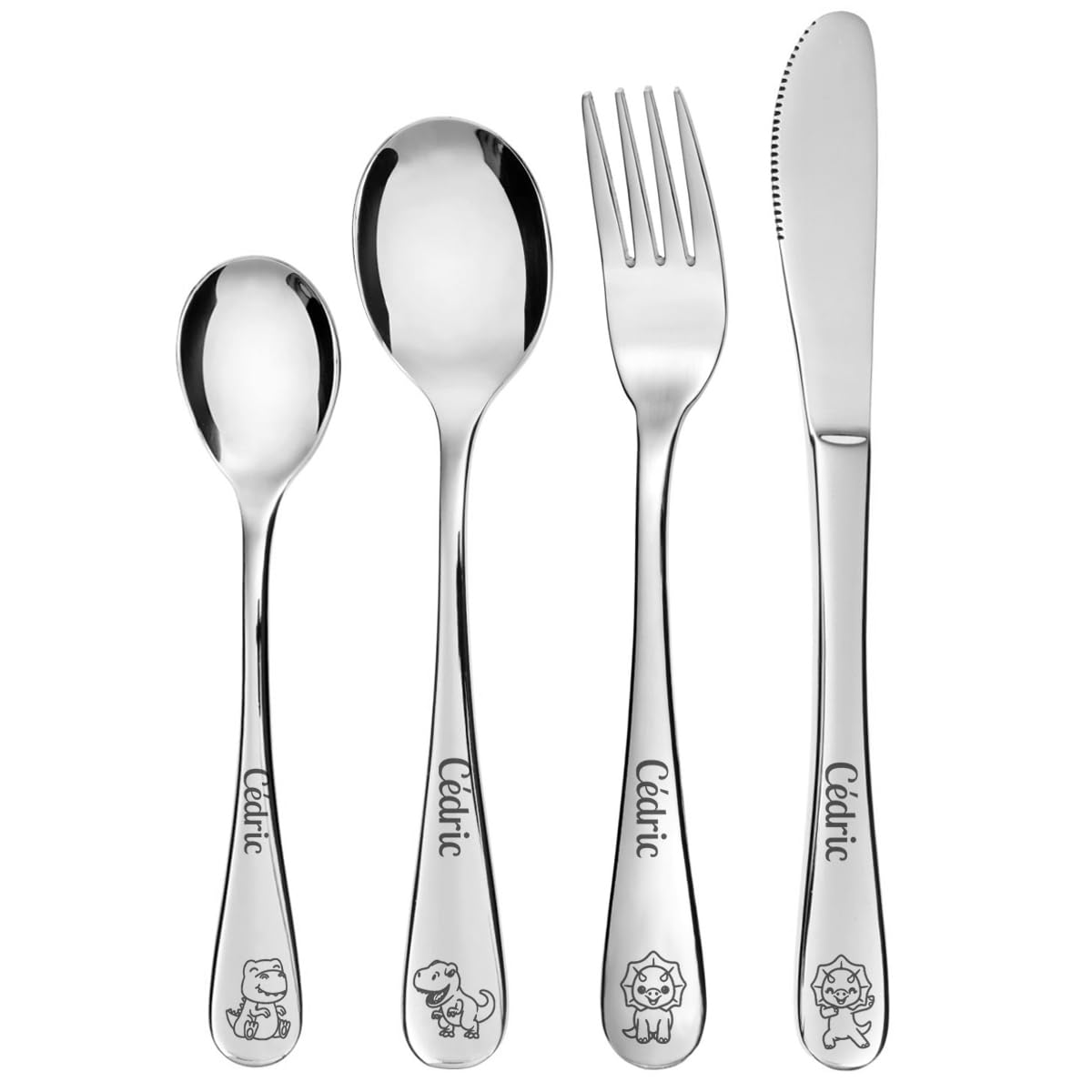 Amikado - Coffret couverts pour enfants - Coffret blanc - Gravure au choix (Dinosaure)