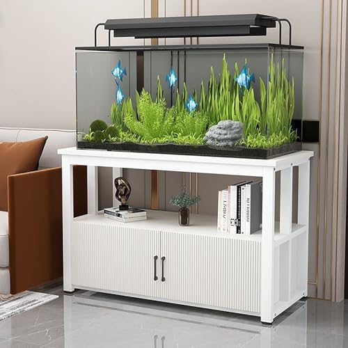 LKYLGYU Double Deck Aquarium Stand, Heavy Duty Metal Frame with Storage Cabinet, 50-120cm Fish Tank Rack, Stable Wood Shelves for Home Office, Anti-Slip Base, Easy Assembly