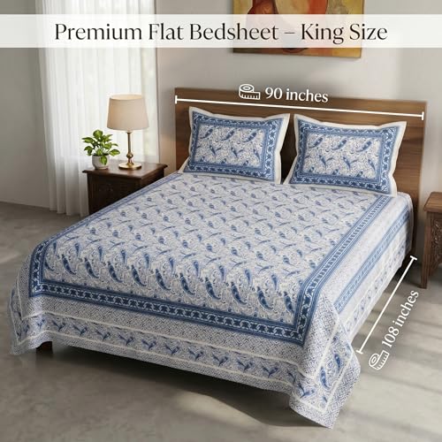 Image of Mafatlal 144 TC Heritage 100% Cotton Queen Size Bedsheet (90x108 inches) with Matching Pillow Covers | Soft & Comfortable | Elegant Printed Heritage Design | Cobalt Blue