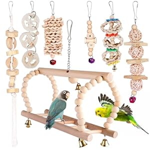 Vogelspielzeug Wellensittich Spielzeug Vogelkäfig Zubehör: 7 Stück Papageienspielzeug Holz, Wellensittich Schaukel mit Glocke, Vogel Spielzeug für Wellensittiche Papageien Sittiche Nymphensittiche