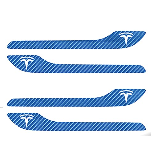 Image of IPG Compatible for Model 3 / Model Y /Juniper Door Handle Decal Sticker Wrap Kit (Set of 4) with Tesla Logo Personalize Your Tesla (Deep Blue Carbon Fiber)