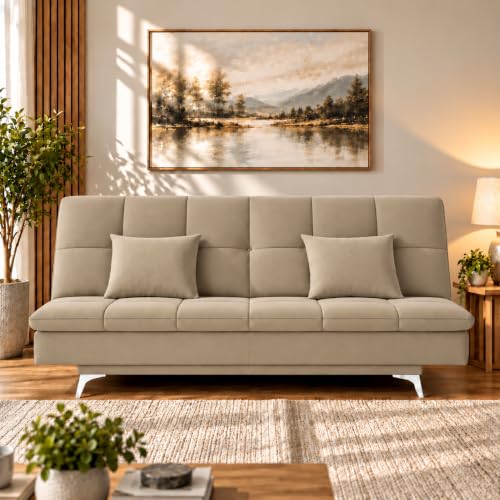 Image of Adorn India Premium New Aspen 3 Seater Sofa Cum Bed 4X6 Velvet Suede with 2 Cushions (Color Beige) and Suitable for All Indoor, with 3 Years Warranty