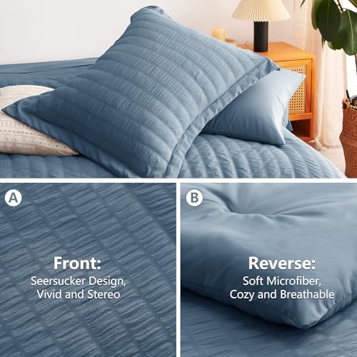 Image of CozyLux Oversized King Comforter Set with Sheets, 7 Pieces 120 inchx98 inch Grayish Blue Seersucker Bed in a Bag, Dusty Blue Soft Bedding Set with Down Alternative Comforter, Sheets, Pillowcases & Shams