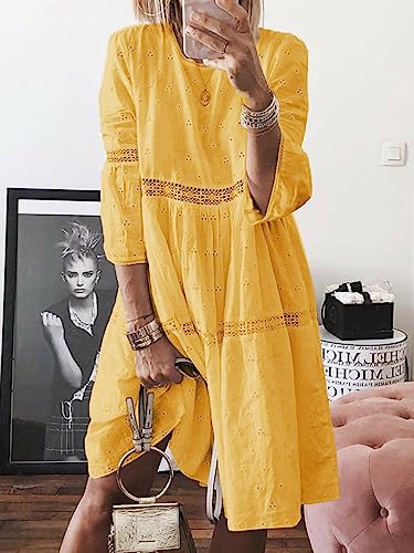 Image of utcoco Womens Lace Eyelet Embroidery Dresses 3 /4 Trumpet Sleeve Crochet Spliced A Line Flowy Boho Midi Dress