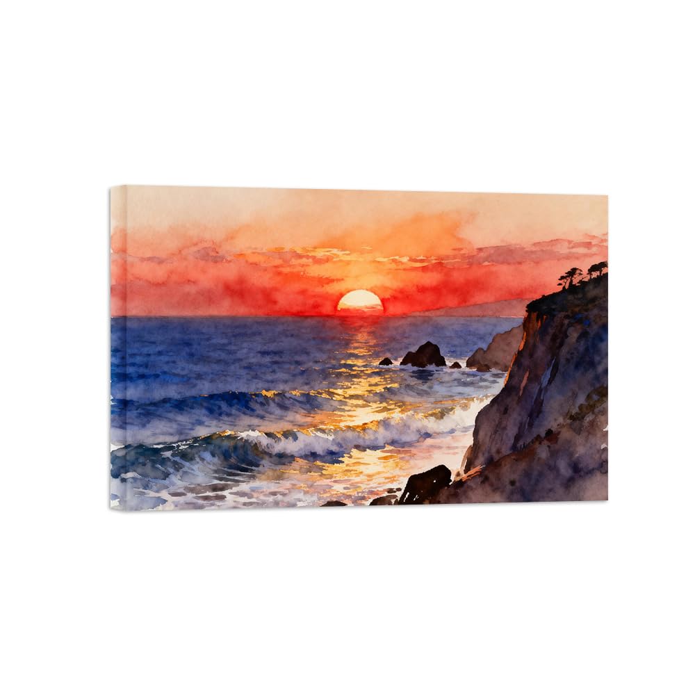 OZPWBVY Ocean Sunset Landscape Canvas Prints Ready to Hang 70x105cm Wrapped Canvas