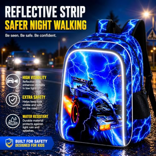 Image of 17 inch Cars Backpack for Boy, 3Pcs Lightning Bookbag for Elementary Preschool Kindergarten, Kids School Backpacks with Lunch Box (Blue)