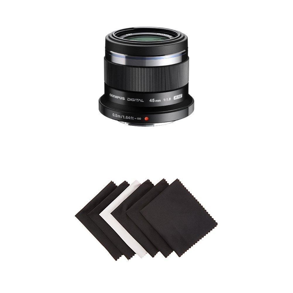 Olympus M.ZUIKO Digital ED 45mm F1.8 (Black) Lens for Olympus and Panasonic Micro 4/3 Cameras w/ Amazon Basics Microfiber Cloths