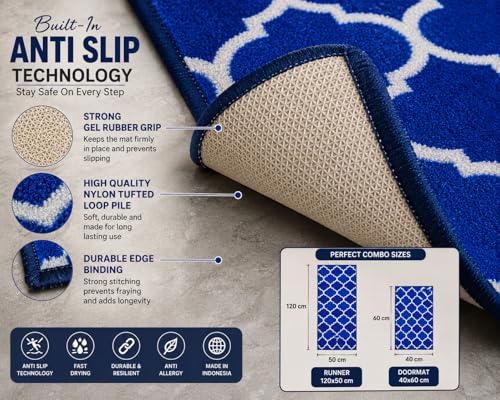 Image of Matz&More Anti Slip Kitchen Runner & Doormat Combo (50x120cm + 40x60cm), Nylon Tufted Floor Mat with Rubber Backing, Carpet for Kitchen, Bathroom, Entrance & Bedside, Trellis Two Toned Blue