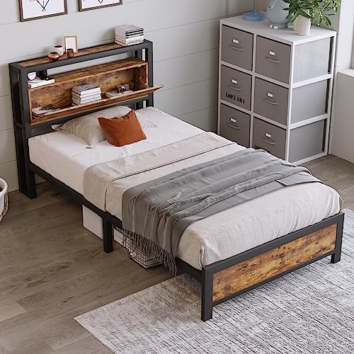 Einzelbett 90x200, Metallbett mit Stauraum-Kopfteil und Metall Lattenrost, Jugendbett Kinderbett, Funktionsbett, Bettgestell aus Metall, Industrielles Bett Bettrahmen, ohne Matratze, Schwarz – Bild 8