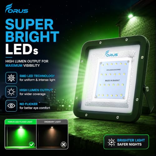 Image of Forus 20W LED Flood Light, Green Light, 4-Year Warranty, IP67 Waterproof Outdoor Lighting, High Mast Halogen Focus Light for Factory, Garage, Parking, Garden, Shop, Warehouse, Tent, Warehouse, 1PC