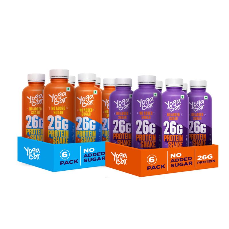 Yogabar Protein Shake Combo Pack | 26g Protein Milkshake with No Added Sugar | 12 Bottles, 250ml each (6 x Double Chocolate & 6 x Cold Coffee)