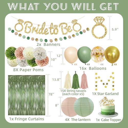 Image of Sage Green Bachelorette Party Decorations, Bride To Be Decorations Include Paper Pompoms Lanterns Fringe Curtain String Tassel Balloon banner for Bachelorette Wedding Bridal Shower Decorations