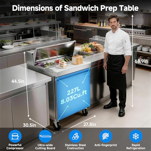 Image of BODEGACOOLER 27 inch W Sandwich Prep Table Refrigerator, 8.03 Cu.Ft Pizza Prep Table, Commercial Salad Bar with Single Stainless Steel Door, 8*1 /6 Pans, Cutting Board for Restaurant, Home, Cafe, Bakery