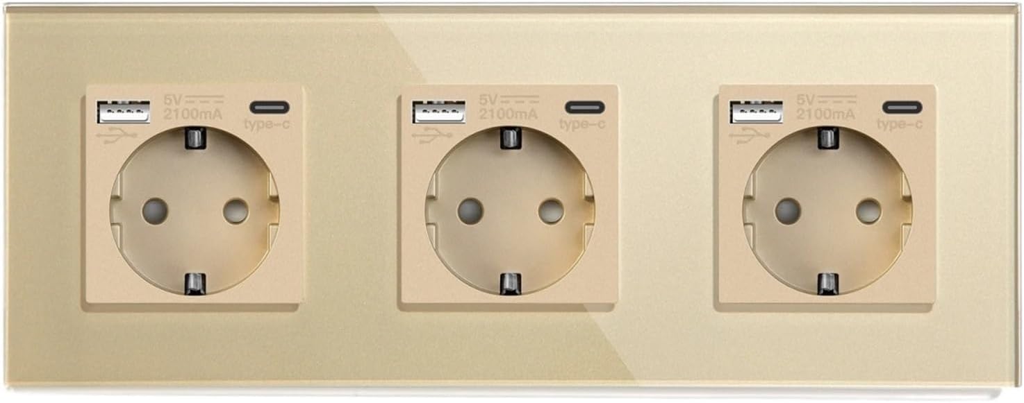 EU Standard Sockets Single Wall Socket Double Frame Socket with USB Outlets Glass Panel Triple Type-C Sockets for Home(Triple Type-C Gold)