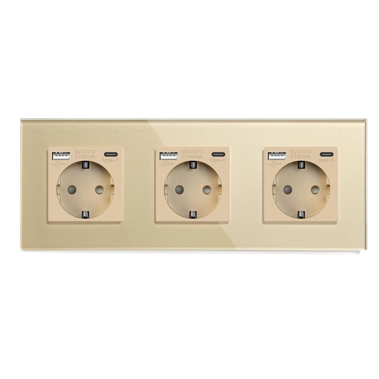 EU Standard Sockets Single Wall Socket Double Frame Socket with USB Outlets Glass Panel Triple Type-C Sockets for Home(Triple Type-C Gold)