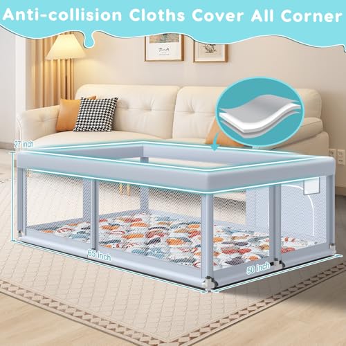 Image of Fshibila 65 inch x50 inch Large Baby Playpen with Mat, Baby Playard for Babies and Toddlers, Play Pens for Indoor & Outdoor, Sturdy Safety Play Yard with Soft Breathable Mesh, Anti-Fall, Grey