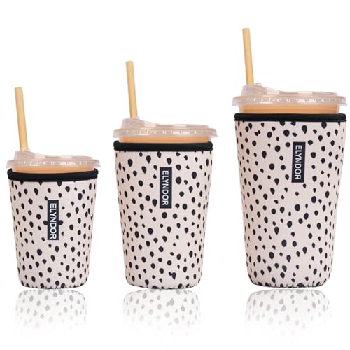 Image of Reusable Insulated Sleeve for Iced Coffee Cup, 3-Pack Coffee Neoprene Drink Sleeve for Cold & Hot Drinks, Beverage Holder for Iced Coffee (Mocha Dots)