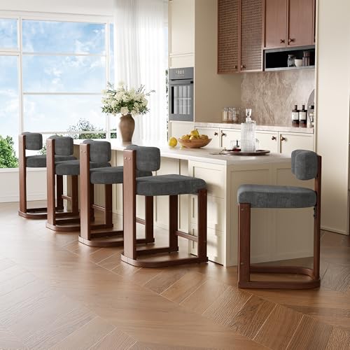 Image of Bar Stools Set of 5, Upholstered Counter Height Bar Stools, Mid Century Modern Counter Stools with Curved Backrest, Solid Wood Legs, 26 inch Bar Chairs for Kitchen Island Bar, Dark Grey
