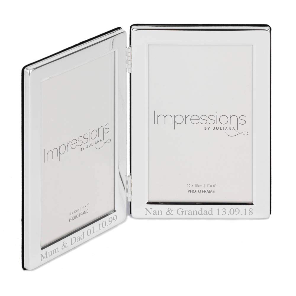 Personalised 4" X 6" Silver Plated Hinged Double Photo Frame - Engraved With Your Custom Text