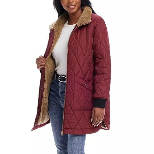 Cozy Burgundy Sherpa-Lined Quilted Long Coat for Women – Perfect for Winter - Image 2