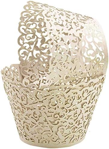 GOLF 100Pcs Cupcake Wrappers Artistic Bake Cake Paper Filigree Little Vine Lace Laser Cut Liner Baking Cup Wraps Muffin CaseTrays for Wedding Party Birthday Decoration (Beige)