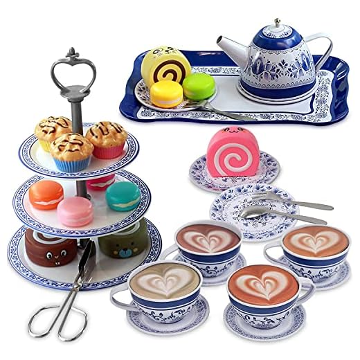 IQ Toys Tea and Cake Set Pretend Play Tea Party - 39 Piece Vintage Designed Porcelain Look Play food accessories Set for Kids with Teapot, Saucers, Tea Cups