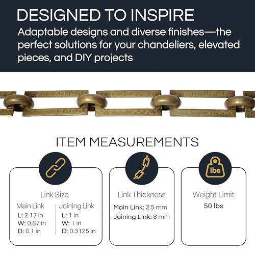 Image of RCH Hardware Decorative Polished Solid Brass Chain for Hanging, Lighting - Rectangles with Greek Key Design and Unwelded Links (1 Foot)