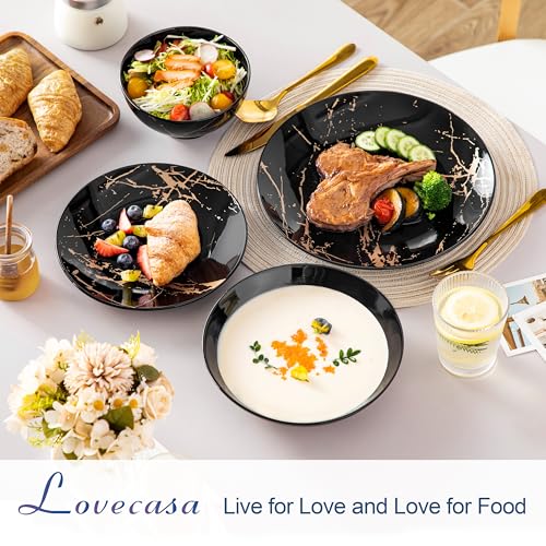 LOVECASA Tafelservice porzellan, Serie Daphne, SWEET 24-teiliges Kombiservice Set, Ess Geschirrset mit Goldspritzer Design, Speiseteller, Dessertteller, Müslischalen und Suppenteller für 6 Personen