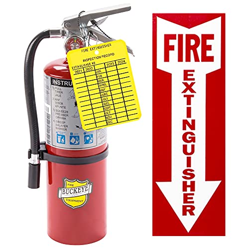 5Lb Type ABC Dry Chemical 2-A:10-B:C Fire Extinguishers Buckeye with 2 Wall Hooks, 2 - Yellow Inspection Tags and Signs (2 Pack)