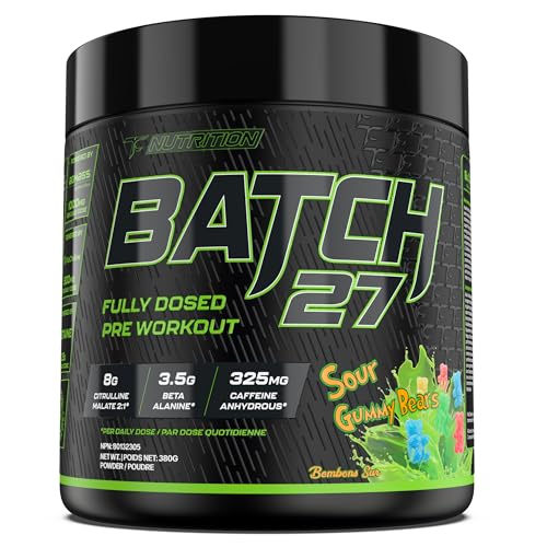 Image of TC Nutrition Batch 27 Pre Workout Powder - 8g Citrulline, 3.5g Beta Alanine, 2.5g Betaine, 325mg Caffeine | Instant Energy, Focus, Pumps, & Strength | Nitric Oxide Booster 20 sv (Sour Gummy Bears)