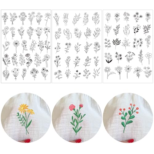 Image of Flower Water Soluble Embroidery Patterns, 79 Pcs Stick and Stitch Embroidery Papers Wash Away Pre-Printed Floral Pattern Transfers, DIY Gift for Hand Sewing Lover Beginners
