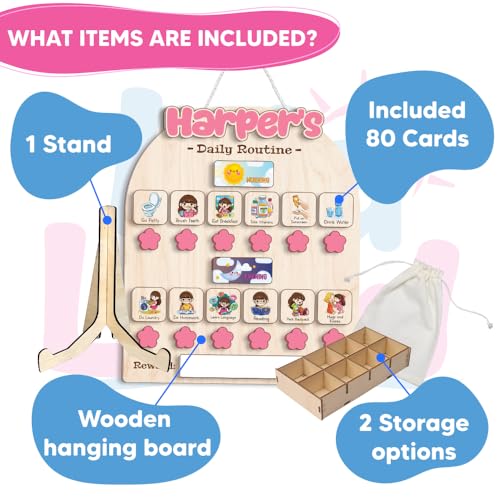 Image of Personalized Wooden Chore Chart for Kids, Daily Routine Chart for Toddlers, Visual Schedule for Kids Age 3-5, Morning Bedtime Routine for Girls (02 1)