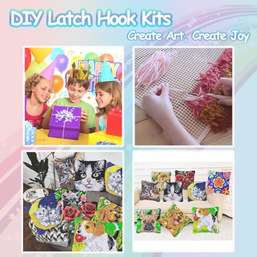 Image of bositigo Latch Hook Kits for DIY Throw Pillow Cover, Colorful Handmade Pillow Case for Home Decoration, Festival Gift 17x17inch (Flower-BZ368)