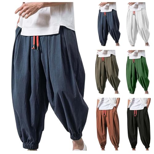Mens Cotton Linen Pants Drawstring Baggy Harem Pants Elastic Waist Wide Leg Trousers Summer Breathable Yoga Trousers4