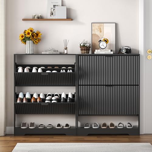 Image of HUANLEGO Shoe Cabinet Storage for Entryway with 2 Flip Drawers, Black Fluted Shoe Cabinet with Open Storage, Wooden Hidden Shoe Rack Freestanding Narrow Slim Shoes Organizer for Hallway, Entrance