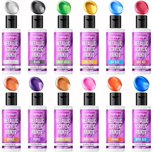 Image of Craftinger 12-Sets Vibrant Metallic Acrylic Shades (30 ml Each) | Rich Shiny Finish | Multi-Surface color for Canvas, Wood, Glass, Metal, Plastic & More | Set for Adults for Artists, students, Children & Hobbyists