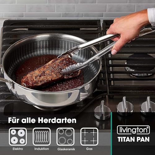 Foto von LIVINGTON Titan Pan - Große Pfanne mit Deckel 28 cm - hohe Servierpfanne - Hochrandpfanne mit Diamantpartikel - edelstahl - große Schmorpfanne inkl. Frittierkorb