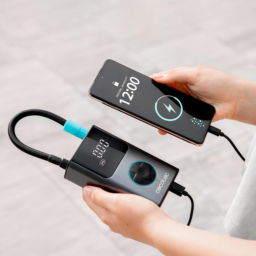 Cecotec Compresseur d'air électrique portable Air Max, Gonfleur 150 PSI, Double batterie 7,4 V et 2000 mAh, Lampe LED, écran LCD, Adapté pour voiture, moto, vélo, trottinette et ballons