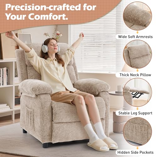 Image of Korser Recliner Chair, Living Room Chairs for Adults, Padded Deep Seat Reading Chair with Side Pockets, Small Recliners for Small Spaces, Lounge Chair for Living Room, Bedroom, and RV (Chenille)