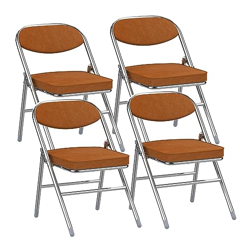Lot de 4 chaises pliantes rembourrées avec structure en métal - Fauteuil pliant en velours côtelé - Chaise de camping, balcon, jardin - Orange - Charge...