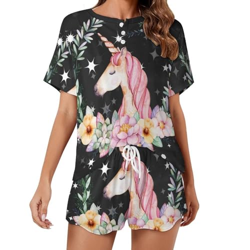 Ensemble de pyjama femme licorne fleurs noires une idée cadeau originale pour l'été