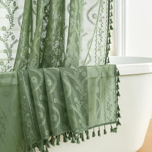 WAZZIO Dark Sage Green Lace Shower Curtain for Bathroom 72 W x 72 L Victorian Farmhouse Floral Pattern Tassel Fancy Shower Curtain Boho Washable Cloth Decorative Bath Curtains 1 Panel
